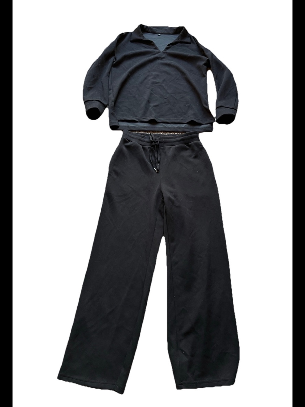 Modern Black 2-Piece Lounge Set Collared V-Neck Pullover & Wide Leg Pants small